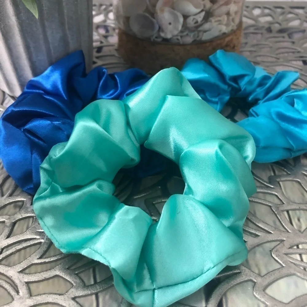 3 New Silk Scrunchies Blue, Teal Mint Color
